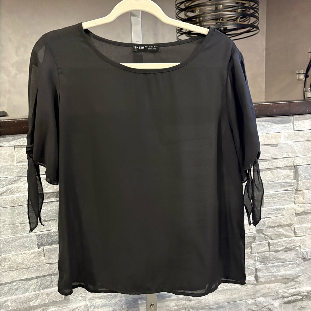 SHEIN Black Short Sleeve Chiffon Tie-Sleeve Blouse